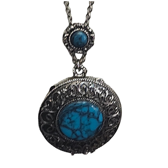 Vtg 70s Max Factor Hypnotique Faux Turquoise Silver Tone Perfume Solid Necklace - Picture 1 of 6